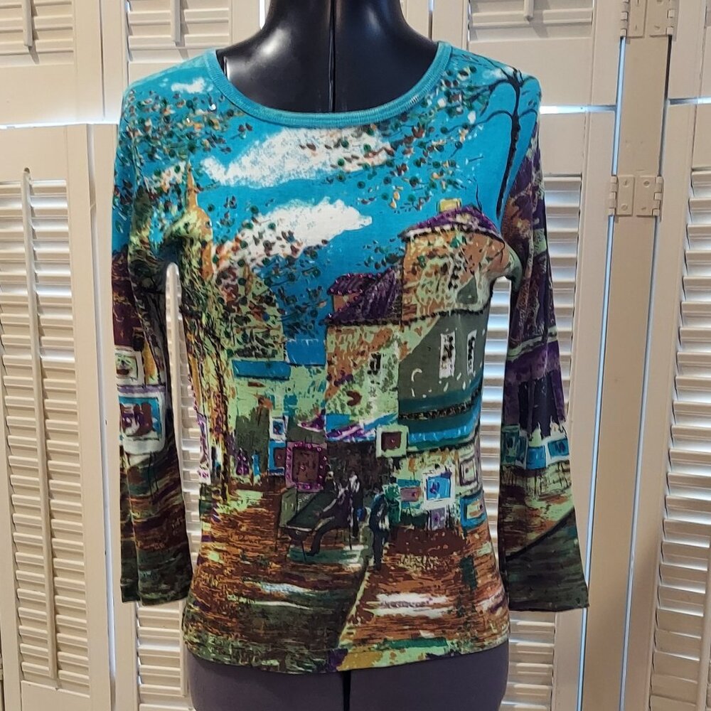 Colorful Beaded/Sequined Street Scene Long Sleeve T-shirt by Carrie Allen Size M